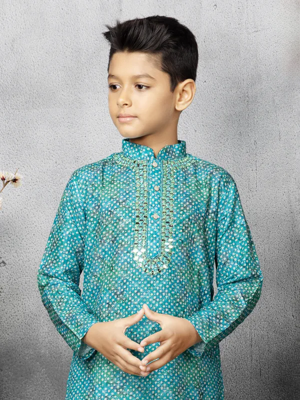 Silk printed rama blue kurta suit