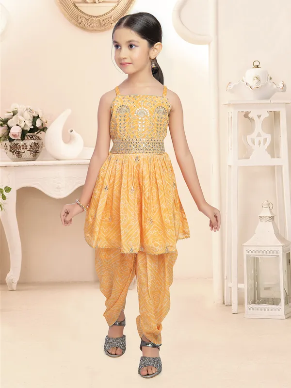 Silk printed yellow dhoti suit