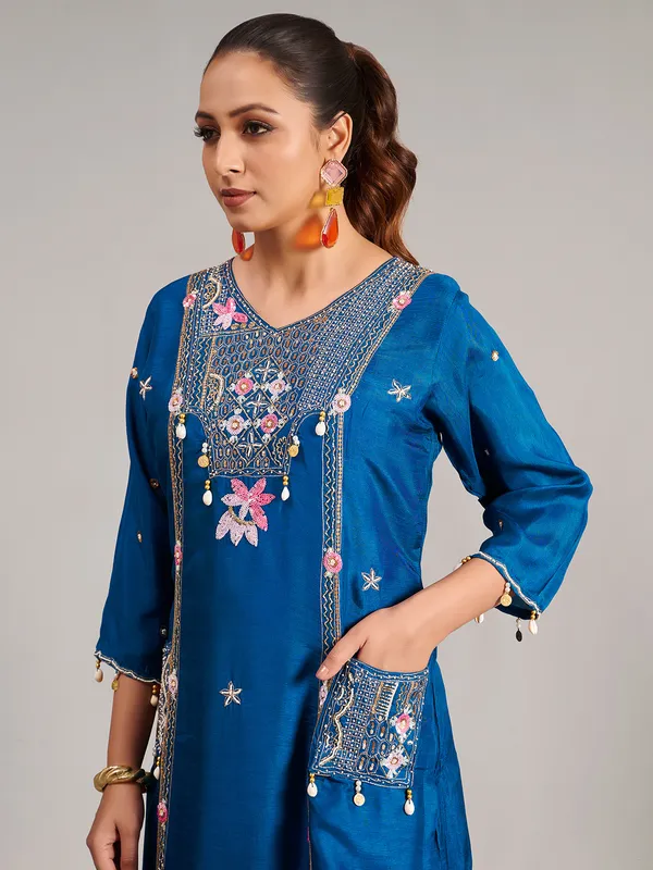 Silk rama blue salwar suit with dupatta