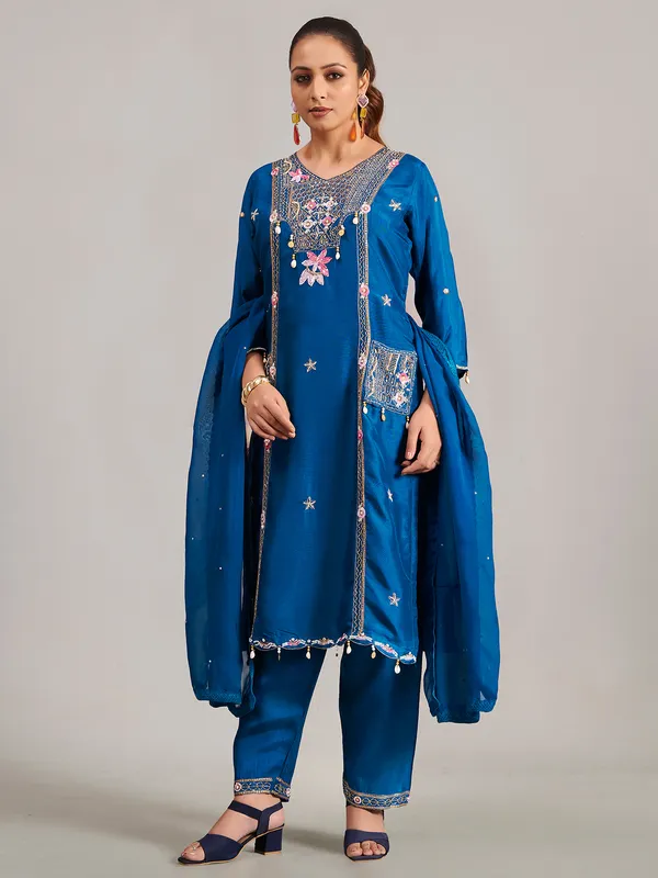 Silk rama blue salwar suit with dupatta