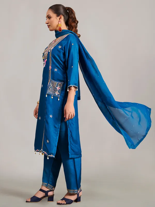 Silk rama blue salwar suit with dupatta