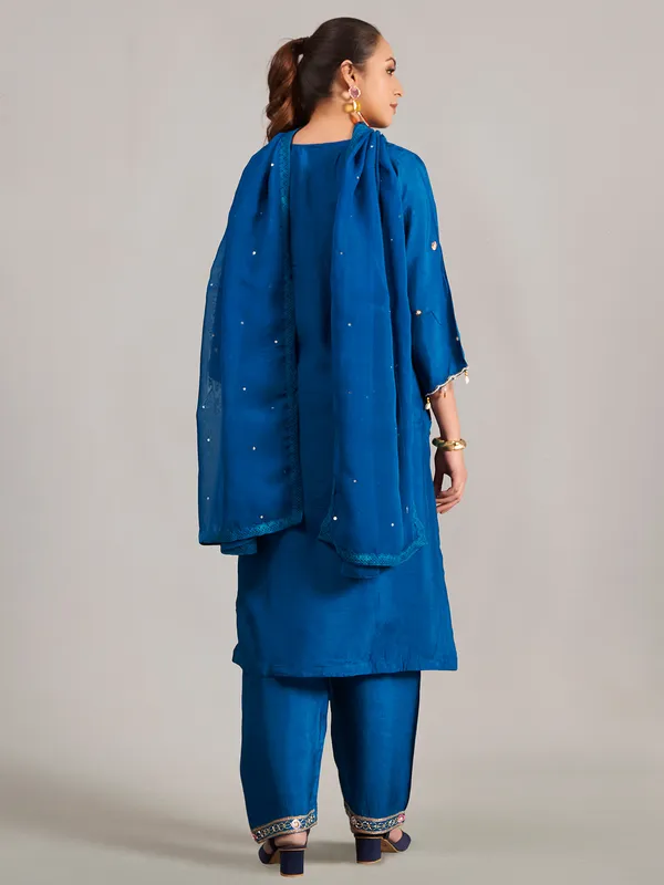 Silk rama blue salwar suit with dupatta