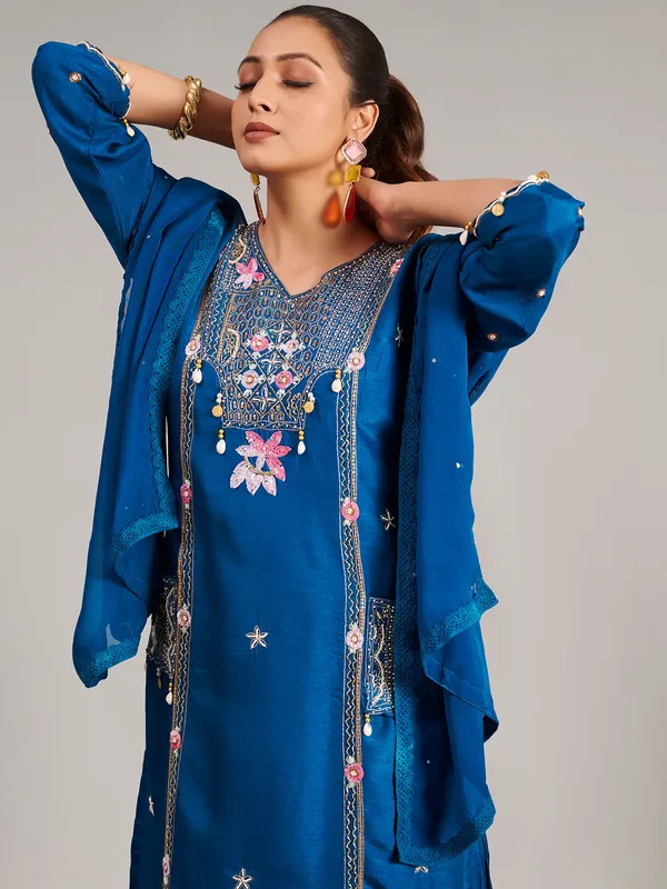 Silk rama blue salwar suit with dupatta