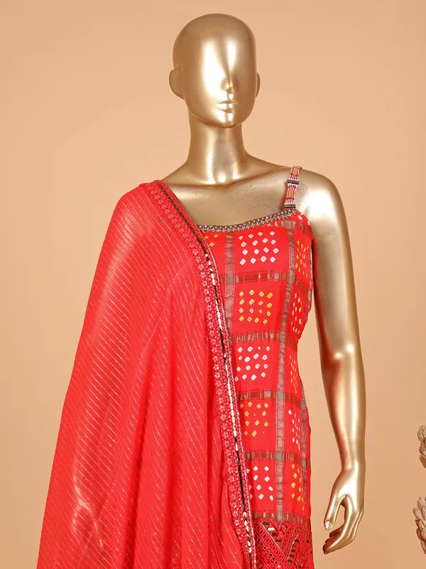 Silk red printed palazzo suit with dupatta