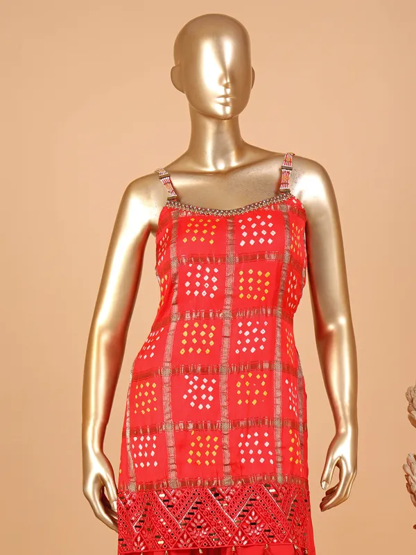 Silk red printed palazzo suit with dupatta