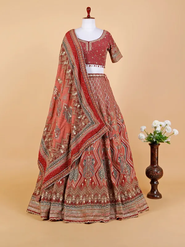 Silk rust orange printed lehenga choli