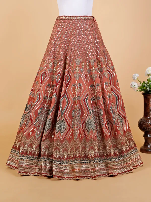 Silk rust orange printed lehenga choli