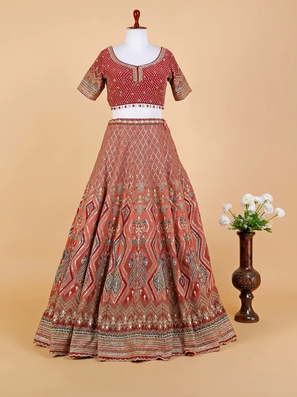 Silk rust orange printed lehenga choli