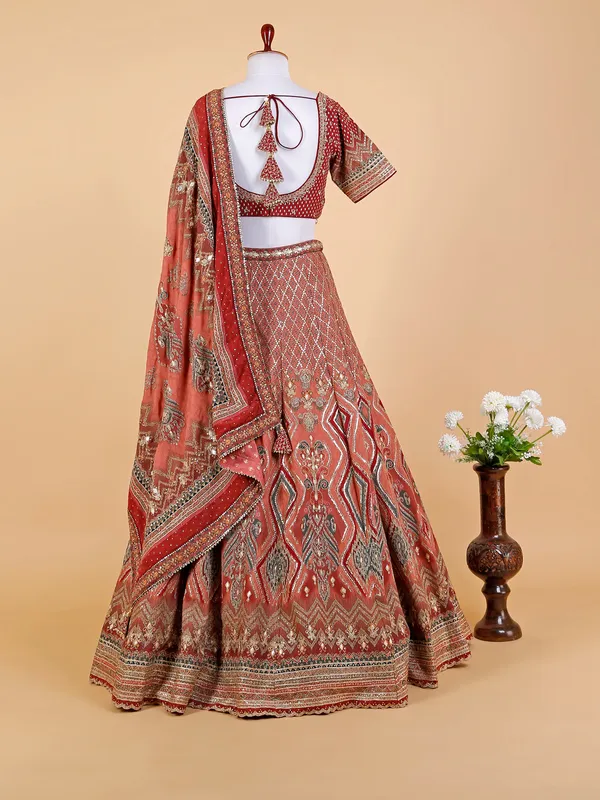 Silk rust orange printed lehenga choli