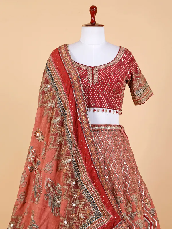 Silk rust orange printed lehenga choli