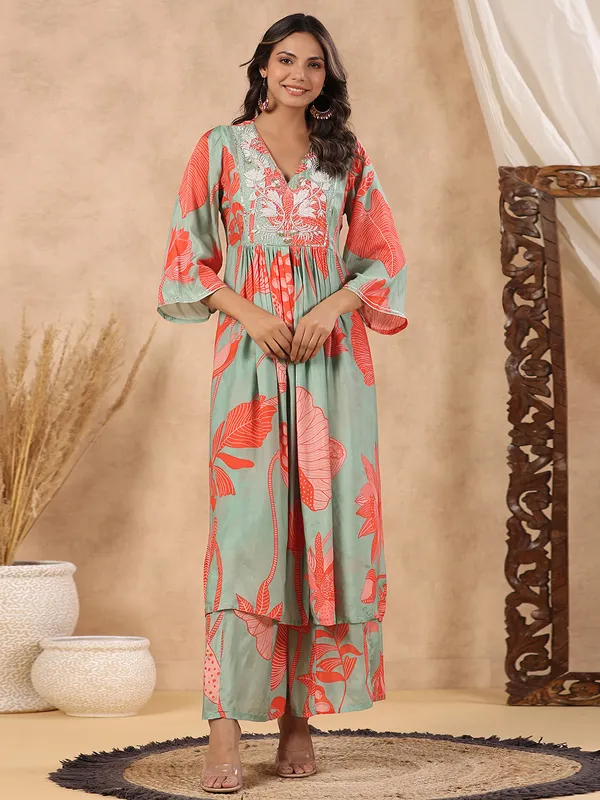 Silk sage green printed palazzo set