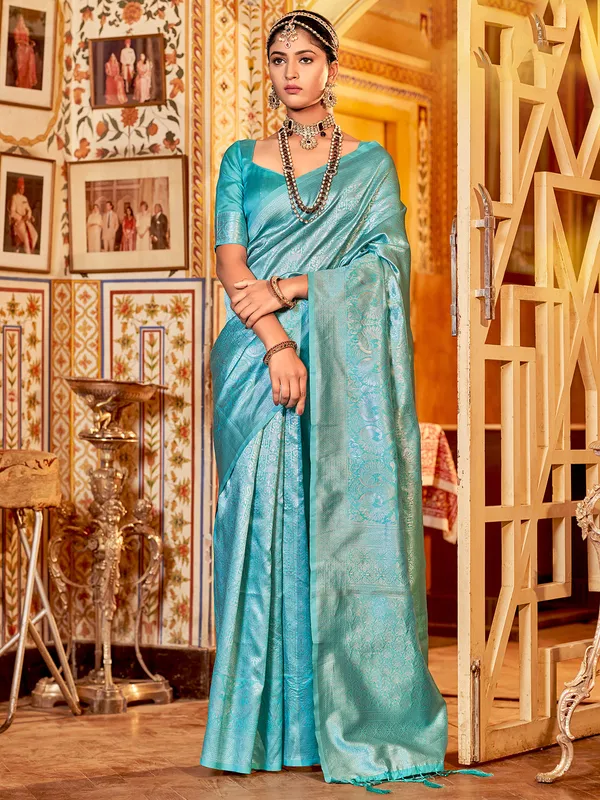 Silk sea green shaded zari weaving saree