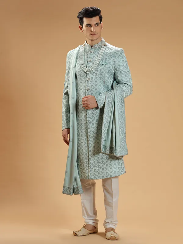 Silk sky blue groom wear sherwani