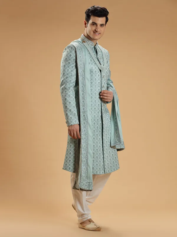 Silk sky blue groom wear sherwani