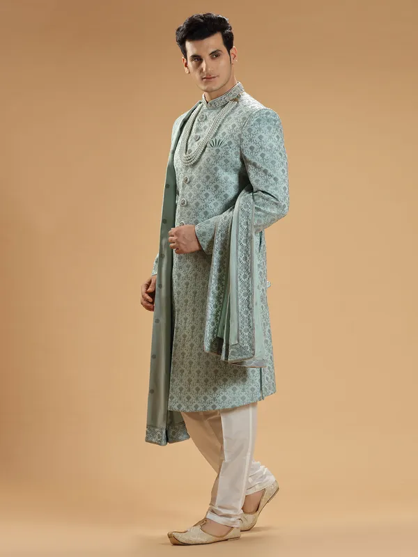 Silk sky blue groom wear sherwani