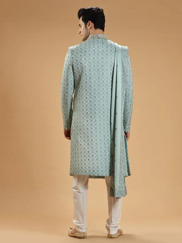 Silk sky blue groom wear sherwani