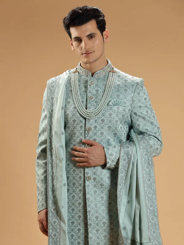 Silk sky blue groom wear sherwani