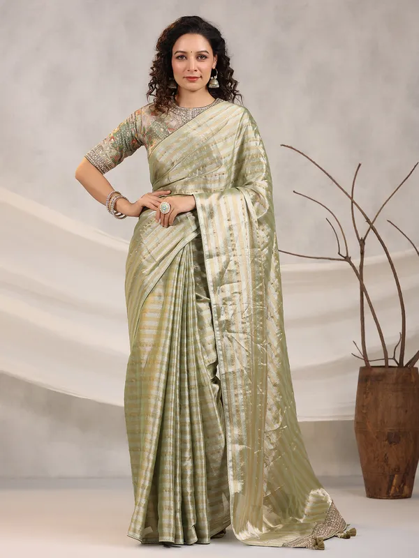 Silk stripe pista green saree