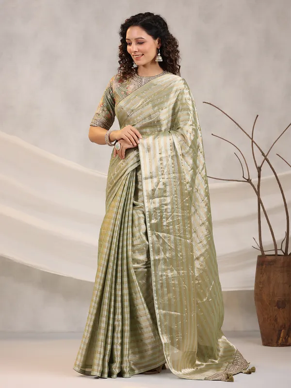 Silk stripe pista green saree
