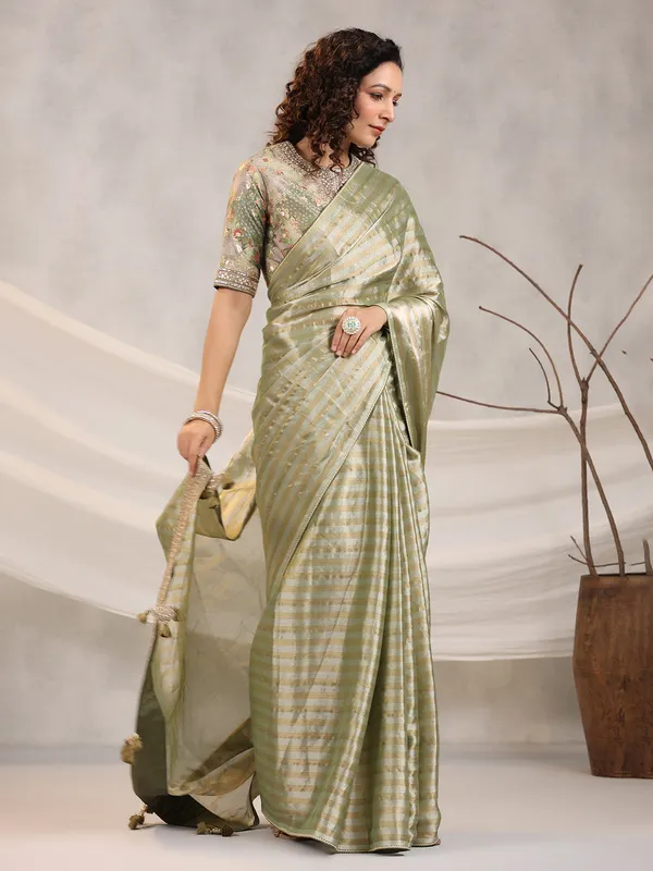 Silk stripe pista green saree