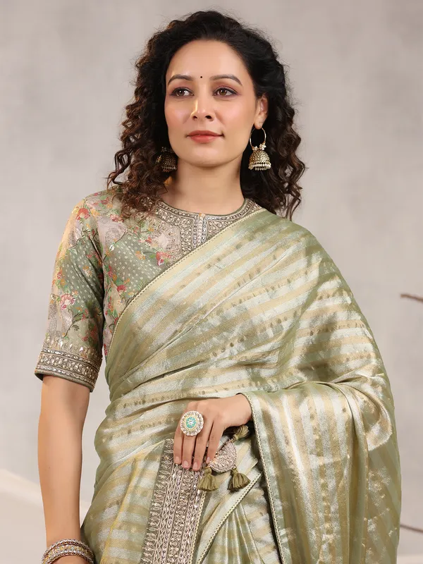 Silk stripe pista green saree