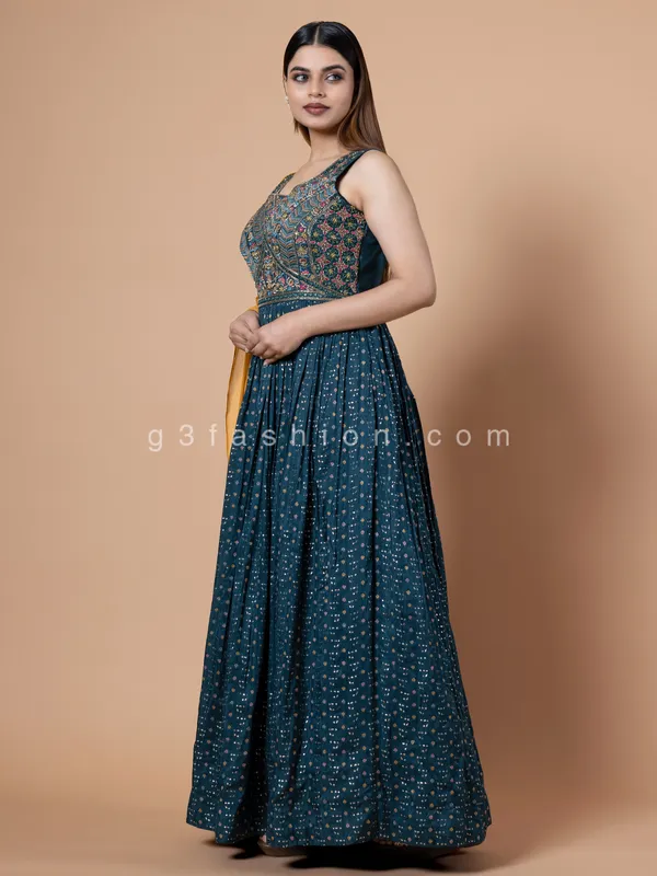 Silk teal blue anarkali floor length suit