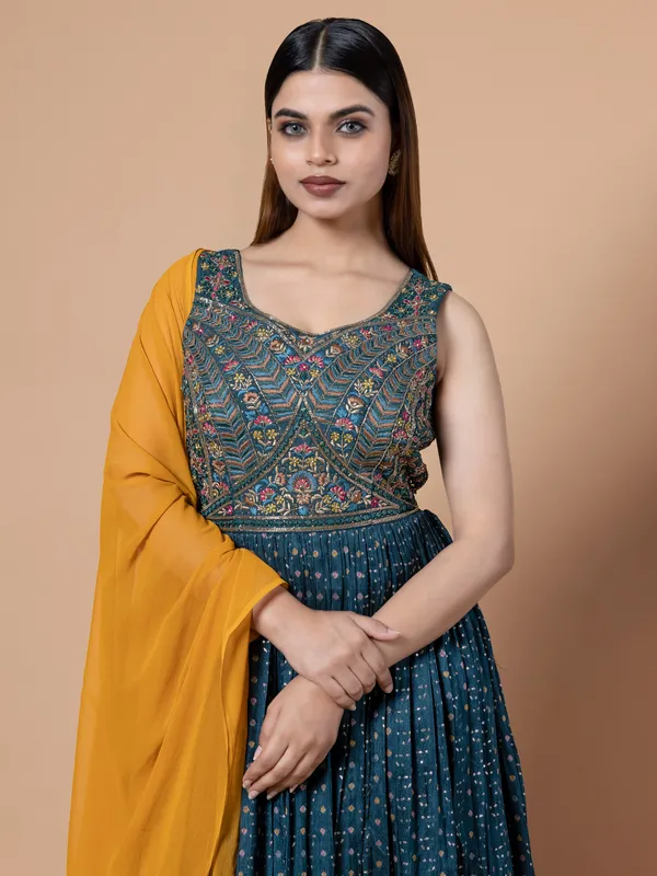 Silk teal blue anarkali floor length suit