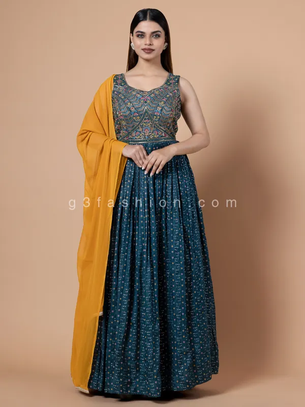 Silk teal blue anarkali floor length suit