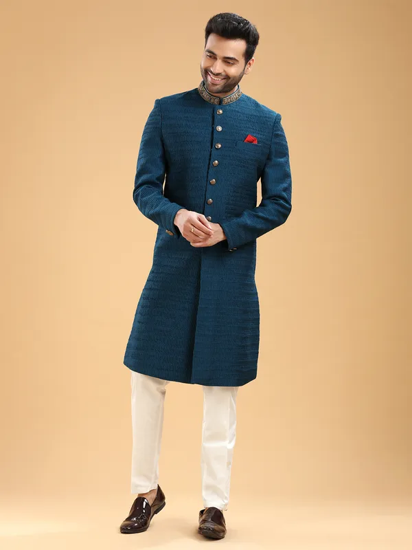 Silk teal blue indowestern