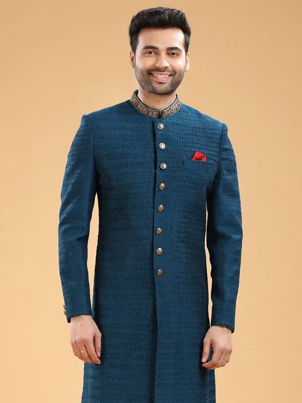 Silk teal blue indowestern