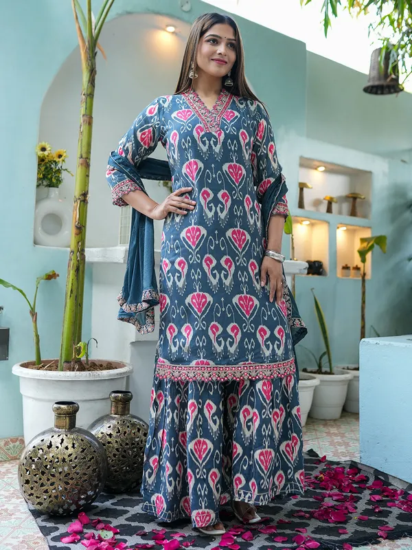 Silk teal blue printed sharara suit