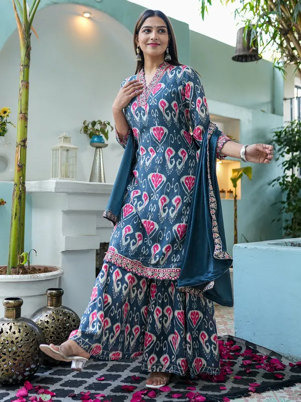 Silk teal blue printed sharara suit