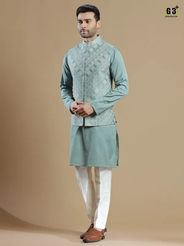 Silk teal green color waistcoat set for wedding