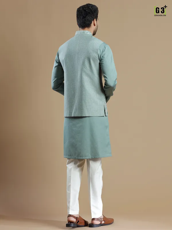 Silk teal green color waistcoat set for wedding