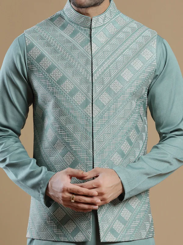 Silk teal green color waistcoat set for wedding