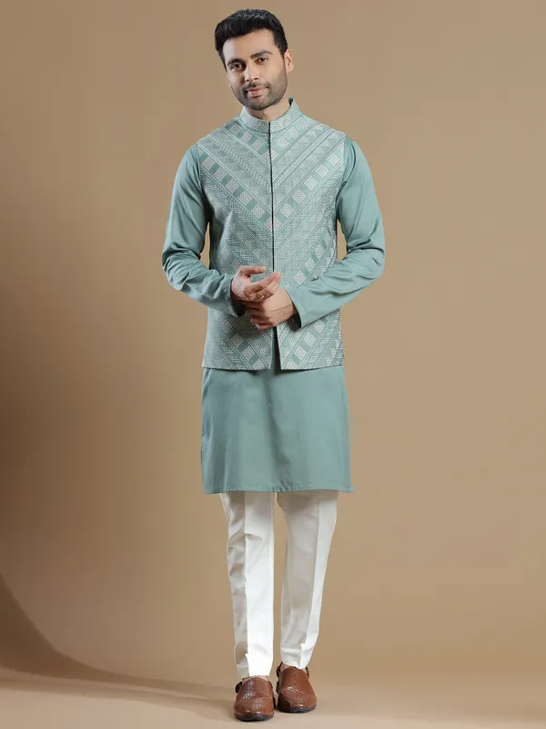 Silk teal green color waistcoat set for wedding