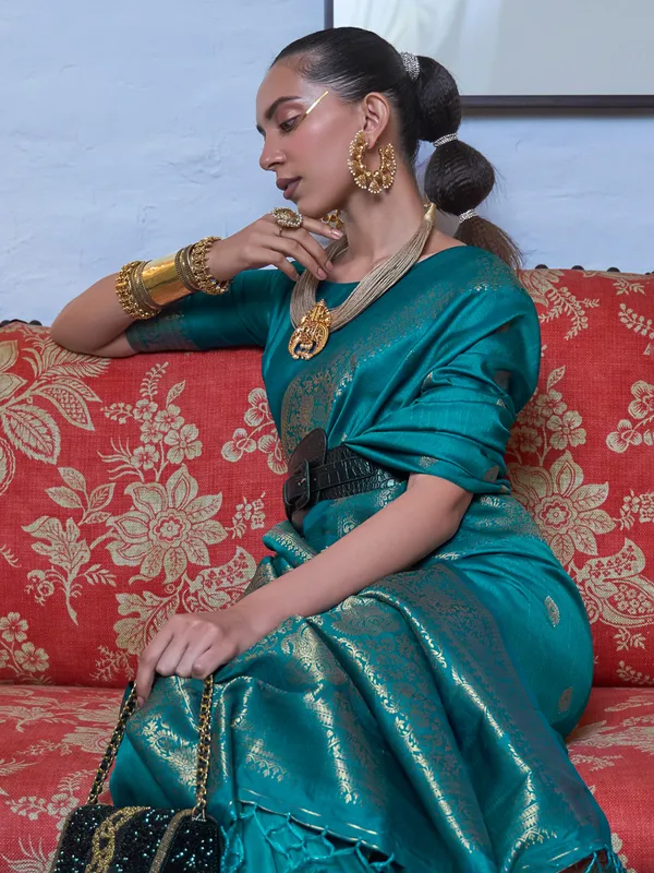Silk turquoise blue zari weaving saree