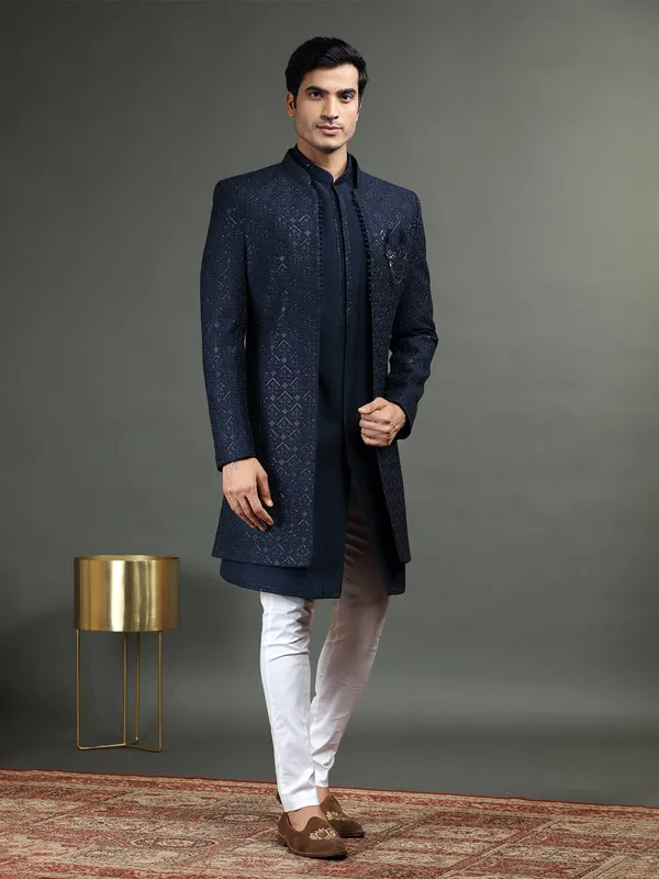 Silk wedding indowestern in navy