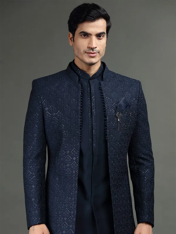 Silk wedding indowestern in navy