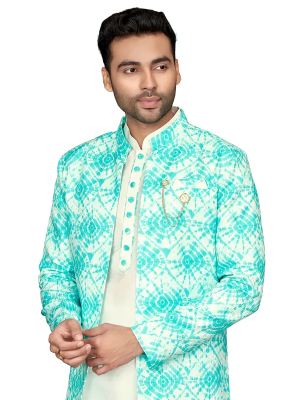 Silk wedding look aqua and cream indowestern