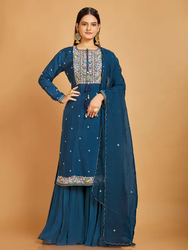 Silk wedding sharara suit in prussian blue