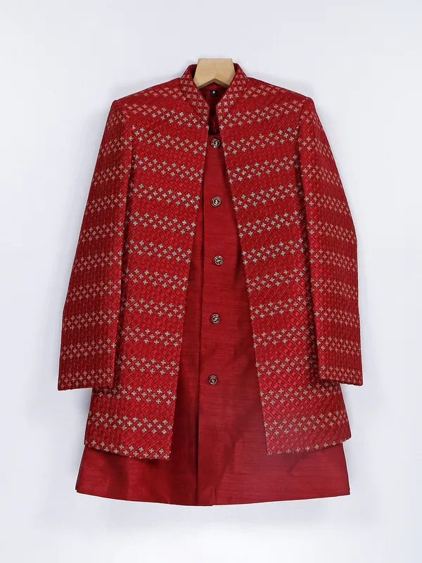 Silk wedding wear maroon boys indowestern
