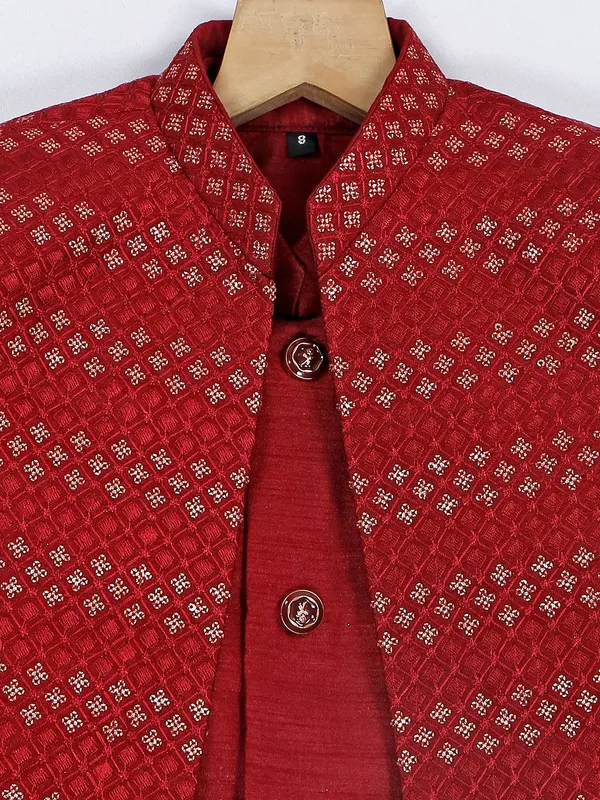 Silk wedding wear maroon boys indowestern