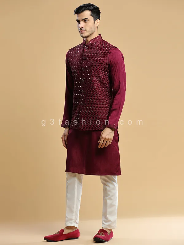 Silk wedding wear maroon waistcoat set