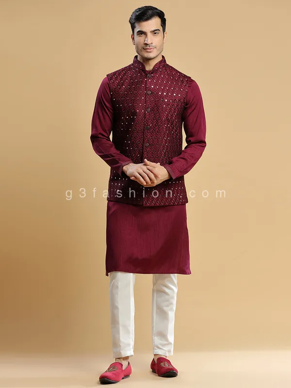 Silk wedding wear maroon waistcoat set