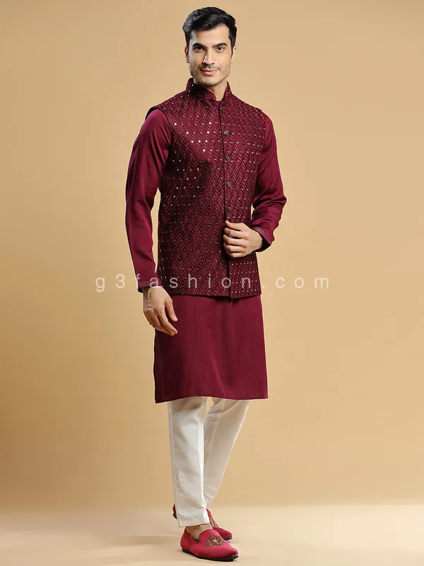 Silk wedding wear maroon waistcoat set