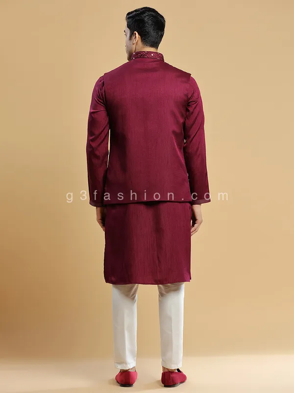 Silk wedding wear maroon waistcoat set