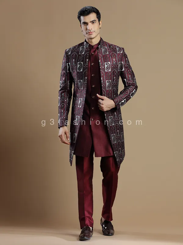 Silk wedding wear wine indowestern