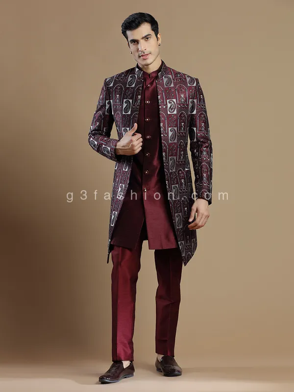 Silk wedding wear wine indowestern