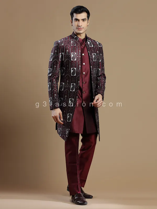 Silk wedding wear wine indowestern